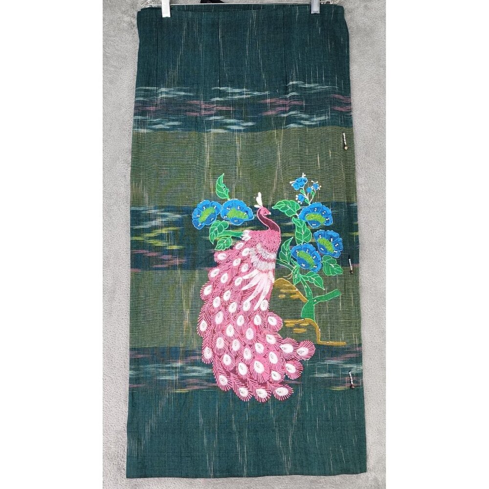 Womens Skirt M/L Green Pink Peacock Floral Hand Painted Beaded Vintage Maxi Wrap